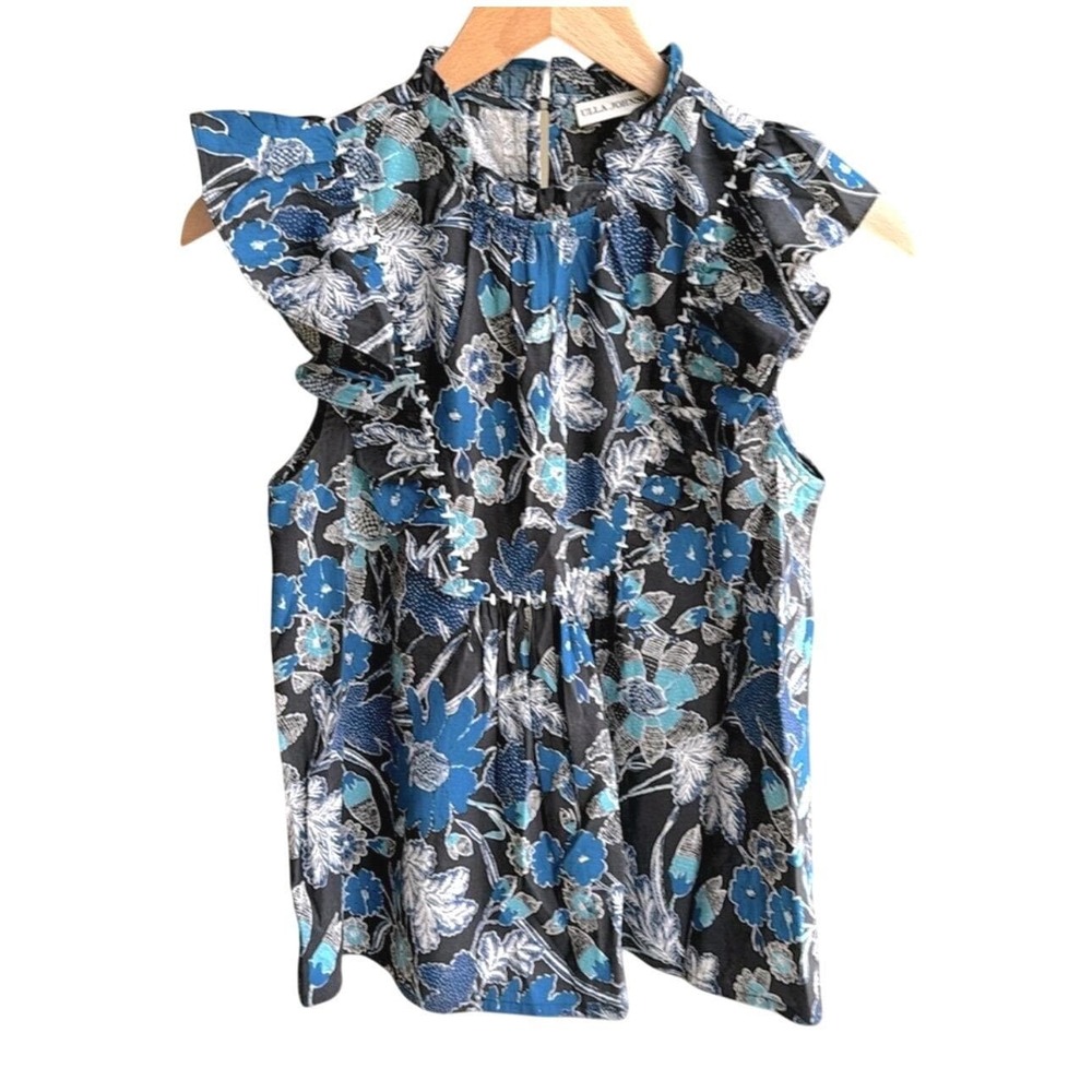 $320‎ ULLA JOHNSON Ida Blue Floral Flutter Sleeve Ruffle Blouse Top SZ 0 Cottage